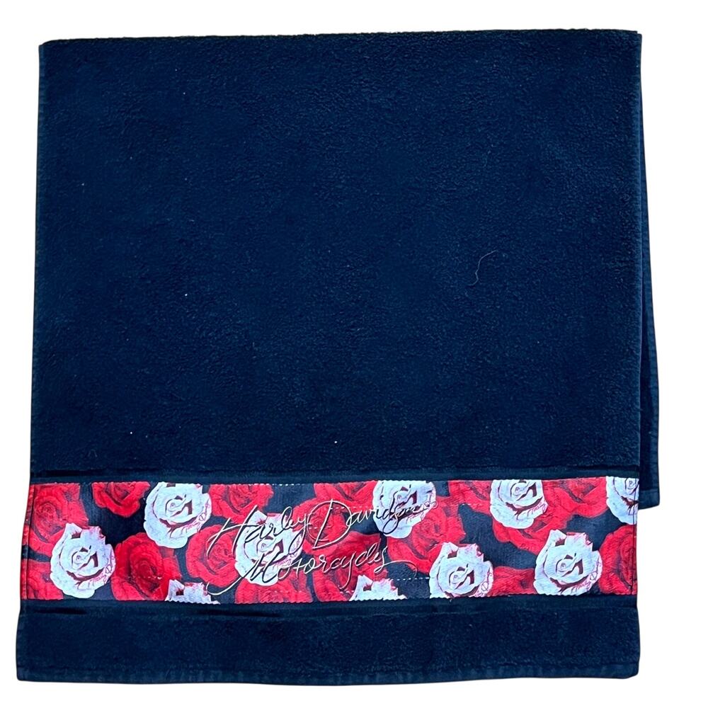 HARLEY DAVIDSON Black Bath Towel Red Roses Heart 23 x 47" Large Plush